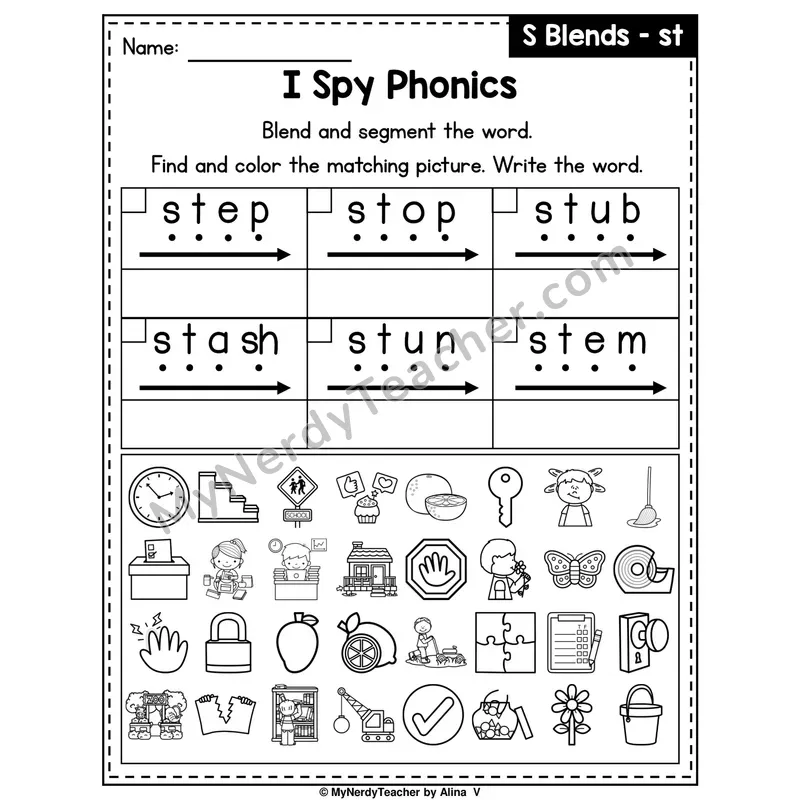 I Spy Phonics Worksheet — S Blend — st