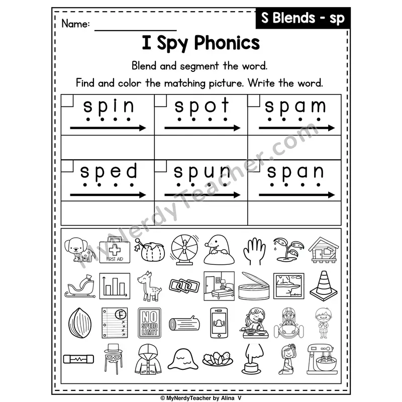 I Spy Phonics Worksheet — S Blend — sp