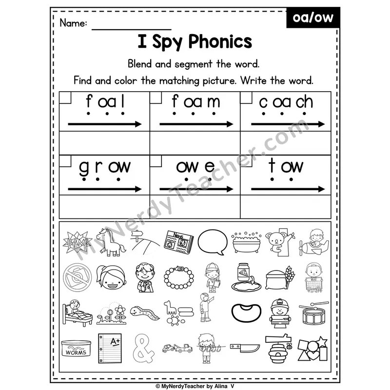 I Spy Phonics Worksheet — Long O Vowel Teams — oa, ow