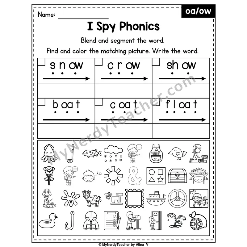 I Spy Phonics Worksheet — Long O Vowel Teams — oa, ow