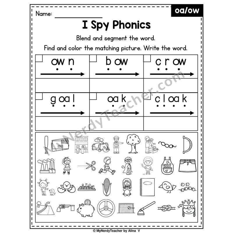 I Spy Phonics Worksheet — Long O Vowel Teams — oa, ow