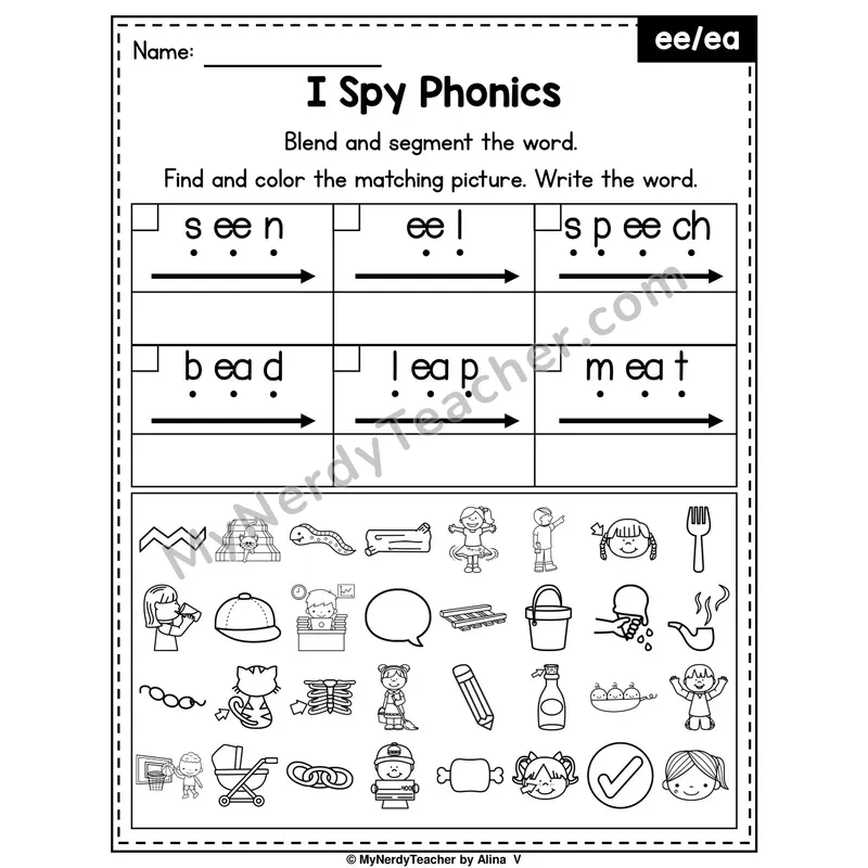 I Spy Phonics Worksheet — Long E Vowel Teams — ee, ea