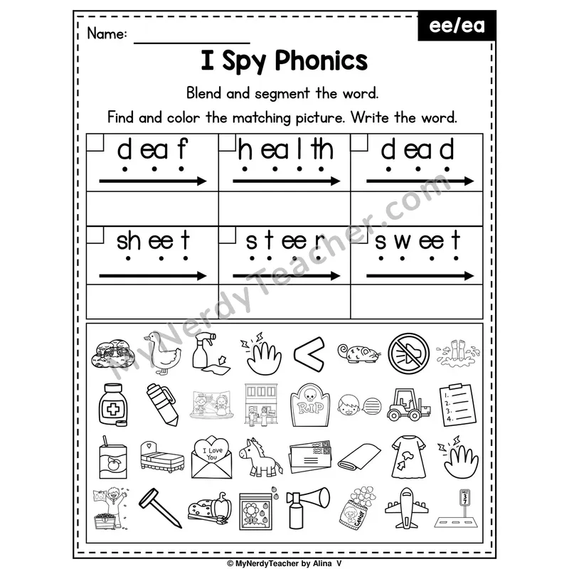 I Spy Phonics Worksheet — Long E Vowel Teams — ee, ea