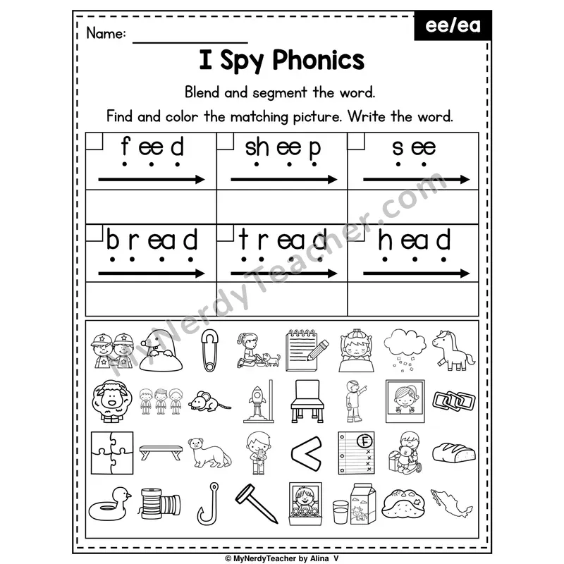 I Spy Phonics Worksheet — Long E Vowel Teams — ee, ea