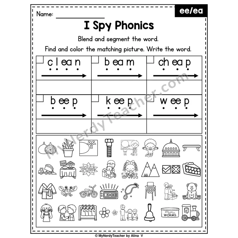 I Spy Phonics Worksheet — Long E Vowel Teams — ee, ea