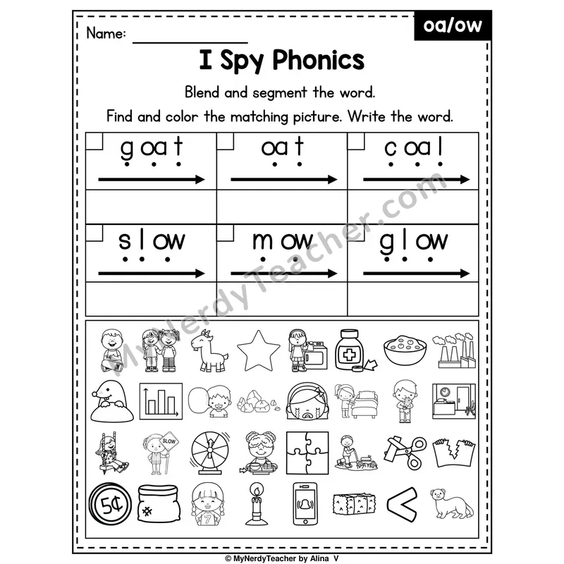 I Spy Phonics Worksheet — Long O Vowel Teams — oa, ow