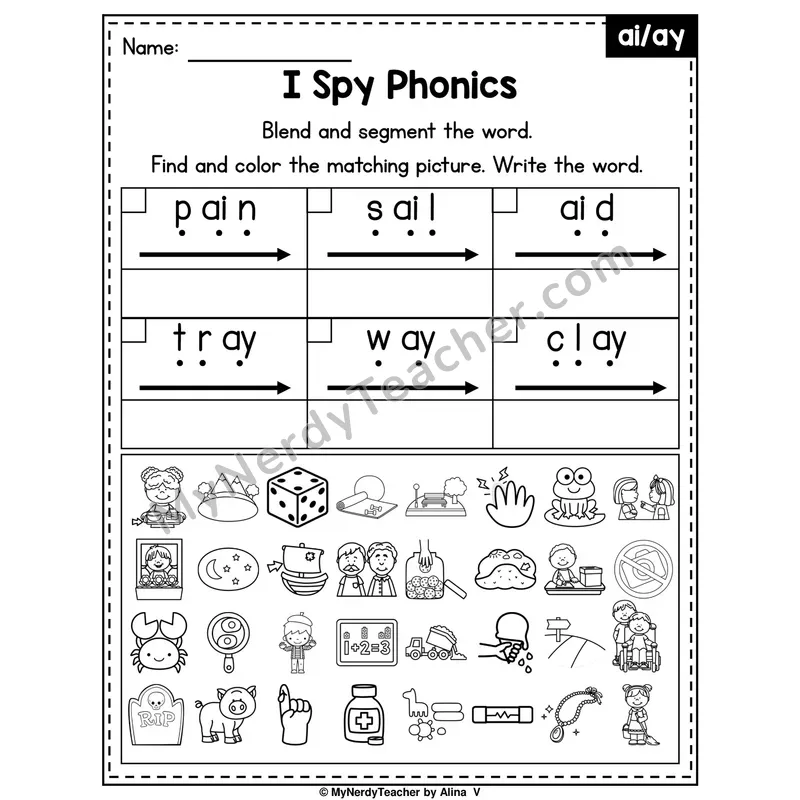 I Spy Phonics Worksheet — Long A Vowel Teams — ai, ay