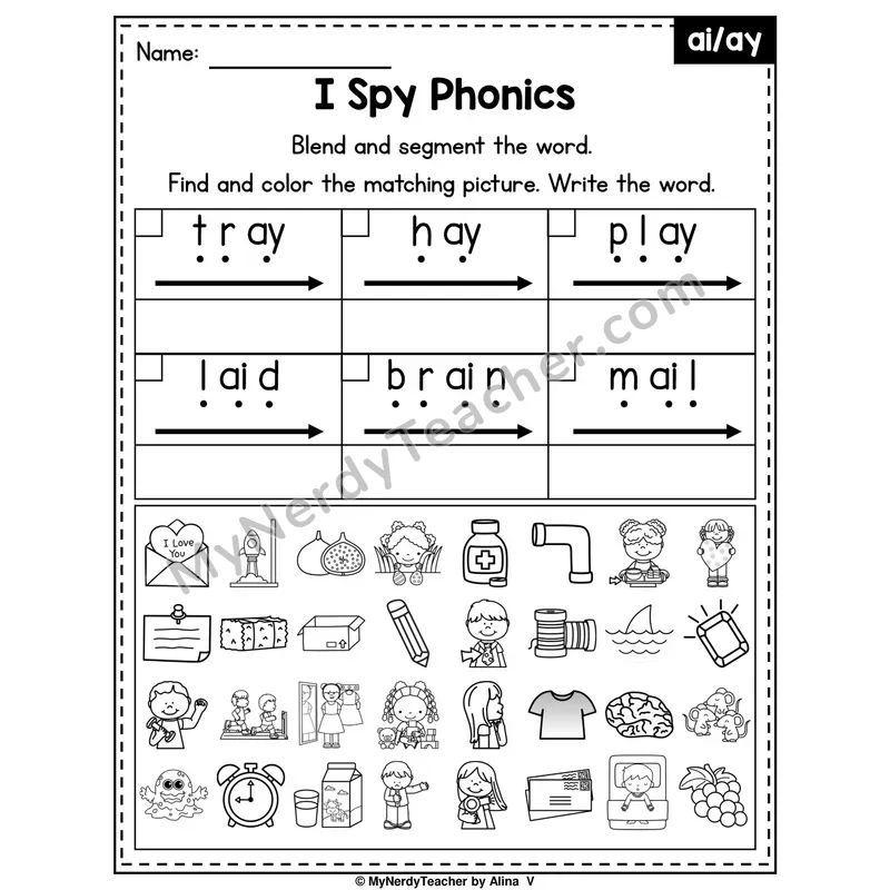 I Spy Phonics Worksheet — Long A Vowel Teams — ai, ay