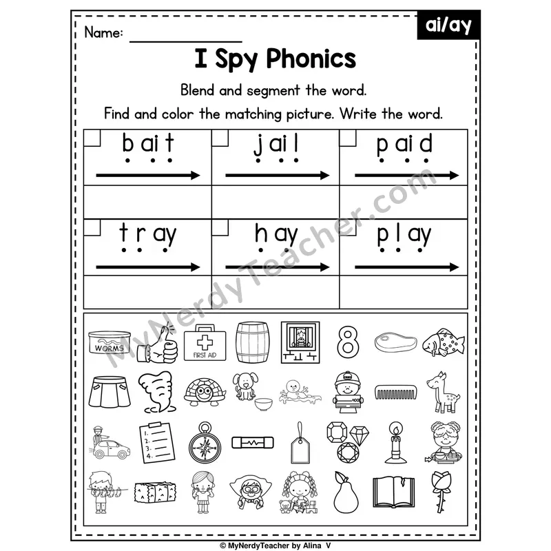 I Spy Phonics Worksheet — Long E Vowel Teams — ee, ea