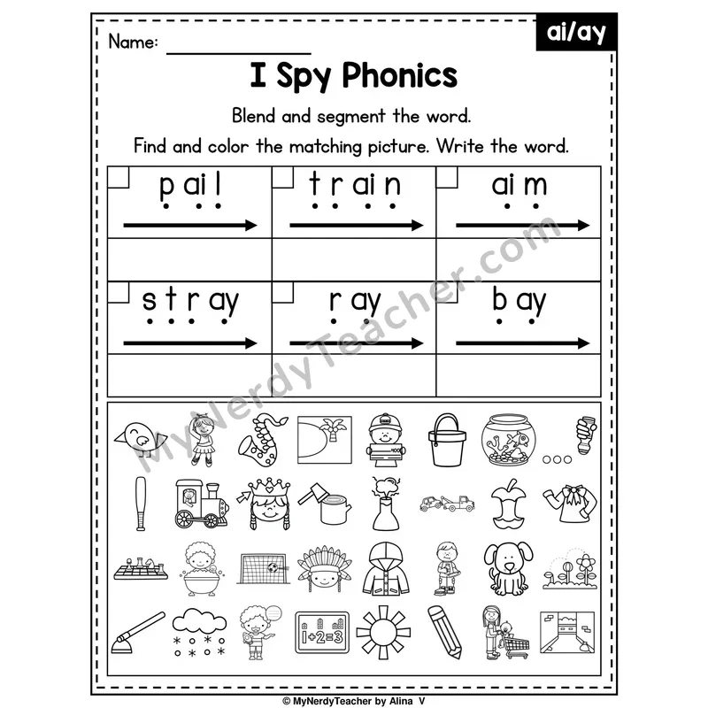 I Spy Phonics Worksheet — Long A Vowel Teams — ai, ay