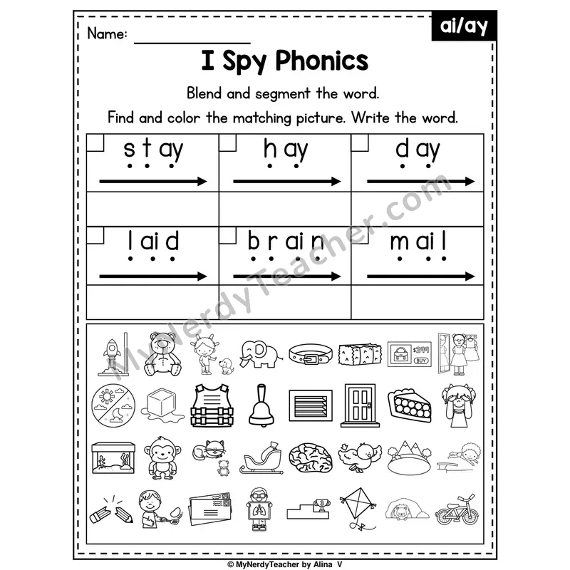 I Spy Phonics Worksheet — Long A Vowel Teams — ai, ay
