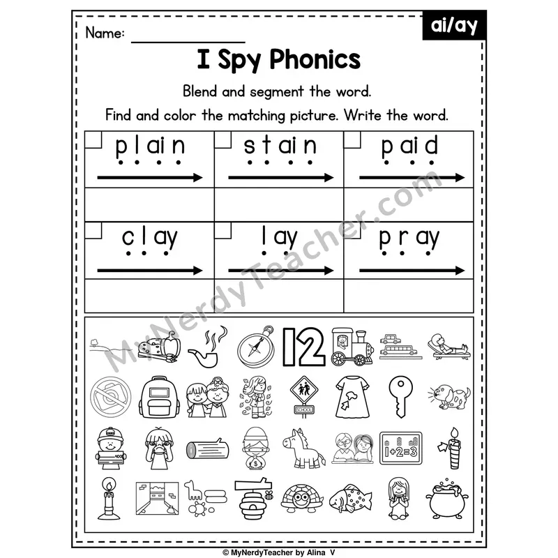 I Spy Phonics Worksheet — Long A Vowel Teams — ai, ay