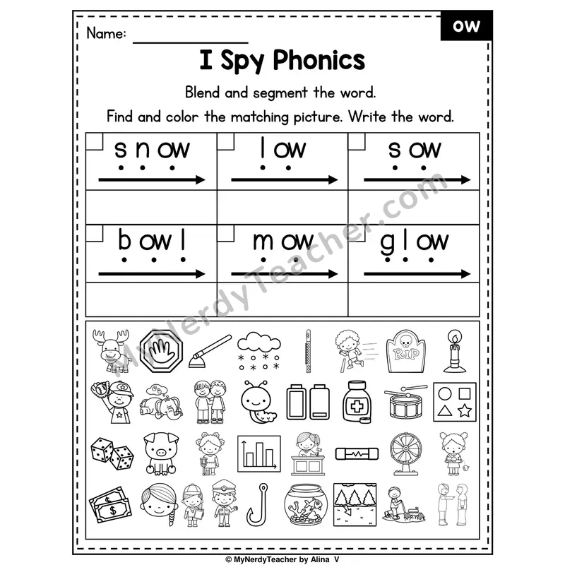 I Spy Phonics Worksheet — ow Vowel Team