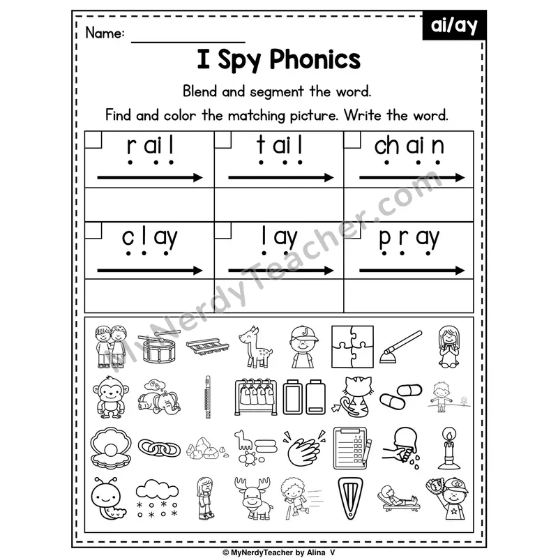 I Spy Phonics Worksheet — Long A Vowel Teams — ai, ay