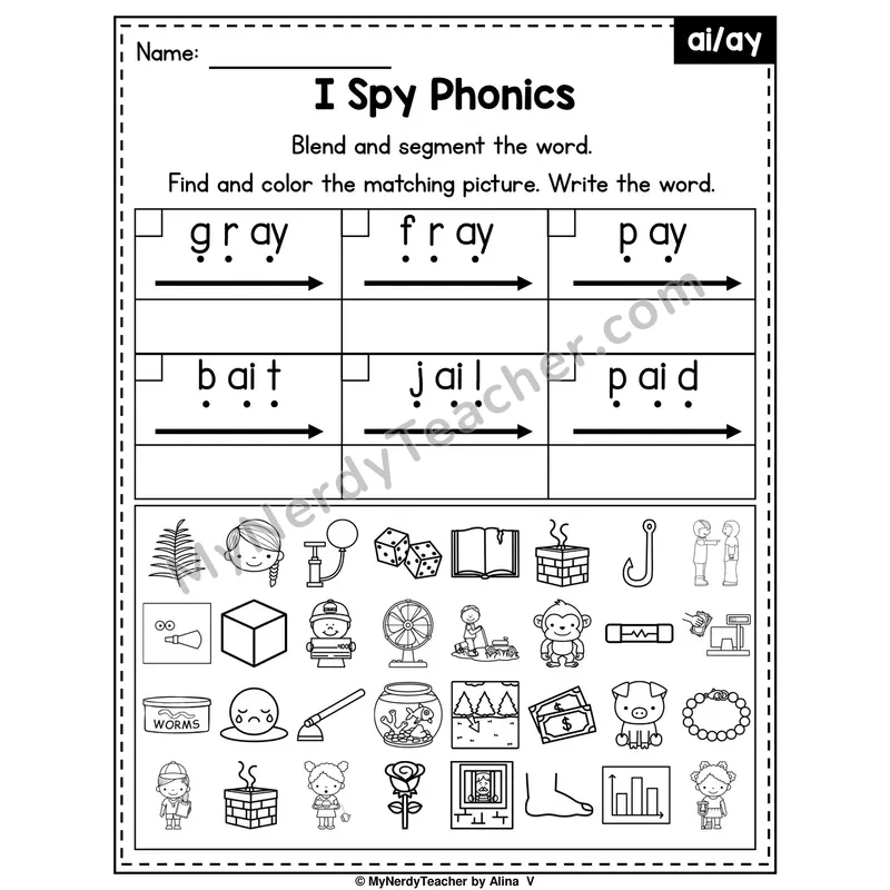 I Spy Phonics Worksheet — Long A Vowel Teams — ai, ay