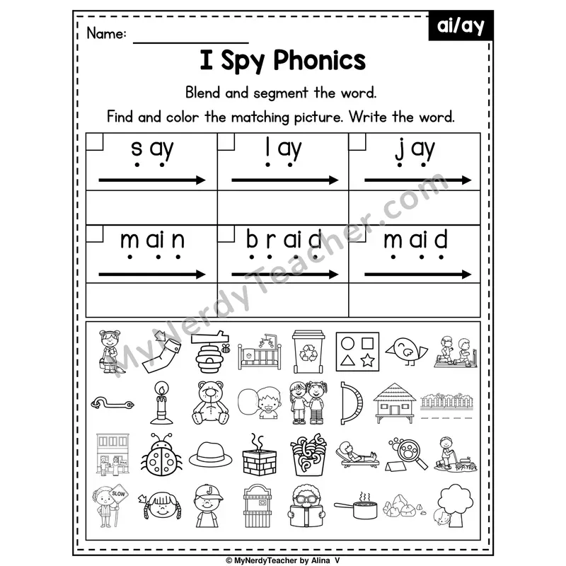 I Spy Phonics Worksheet — Long A Vowel Teams — ai, ay