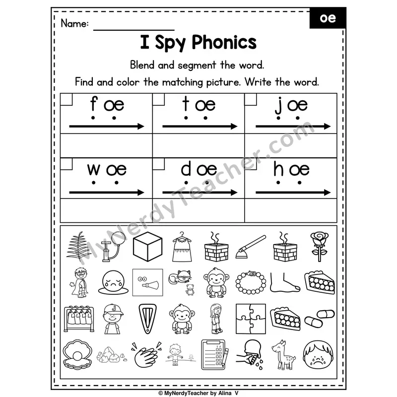 I Spy Phonics Worksheet — oe Vowel Team