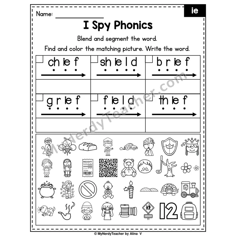 I Spy Phonics Worksheet — ie Vowel Team