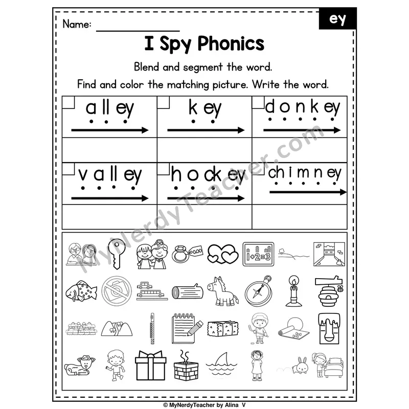 I Spy Phonics Worksheet — ey Vowel Team