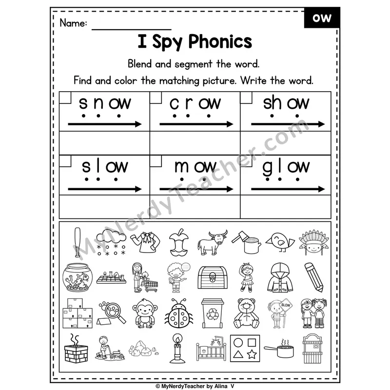 I Spy Phonics Worksheet — ow Vowel Team