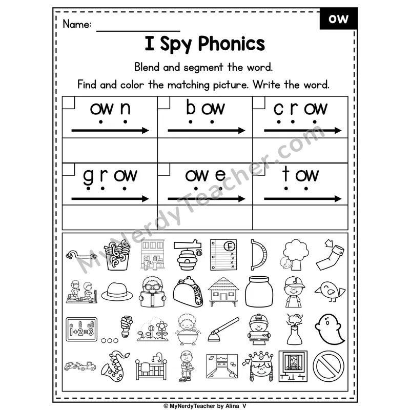 I Spy Phonics Worksheet — ow Vowel Team