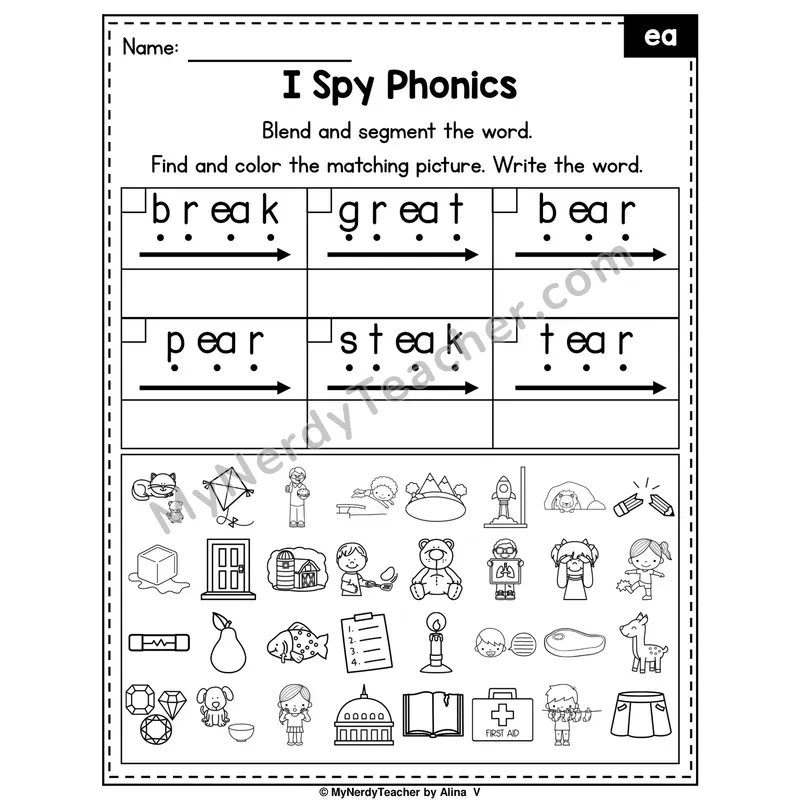 I Spy Phonics Worksheet — ea Vowel Team