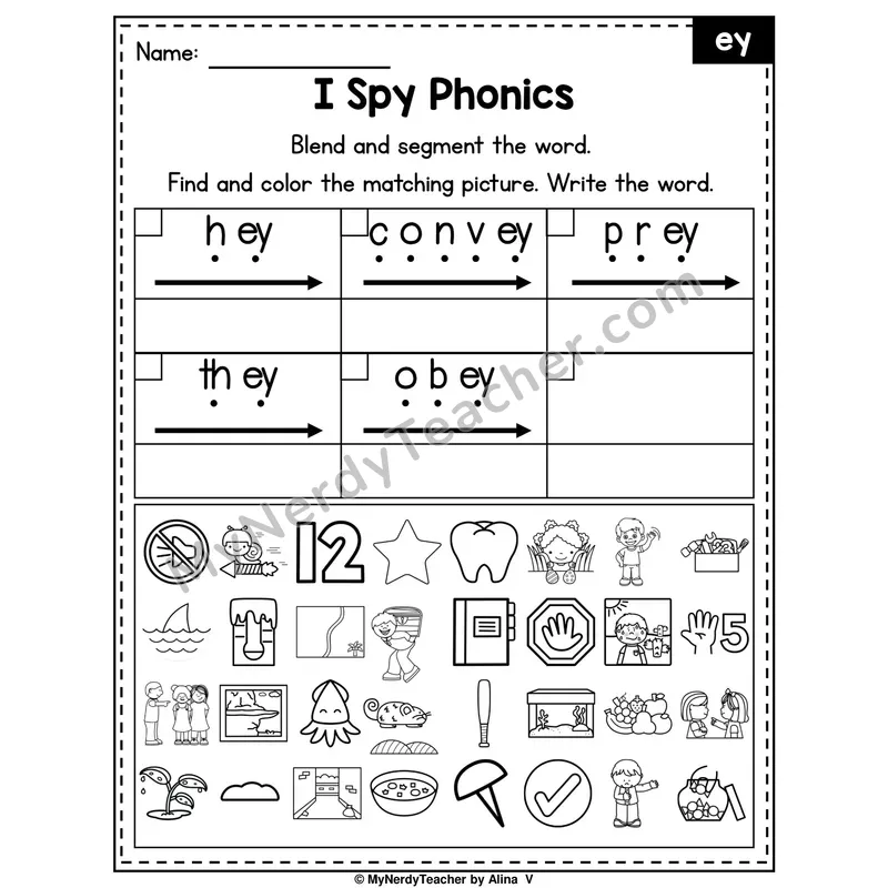 I Spy Phonics Worksheet — ey Vowel Team