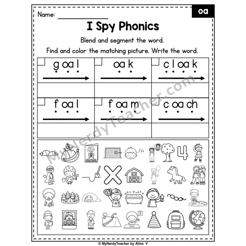 I Spy Phonics Worksheet — oa Vowel Team