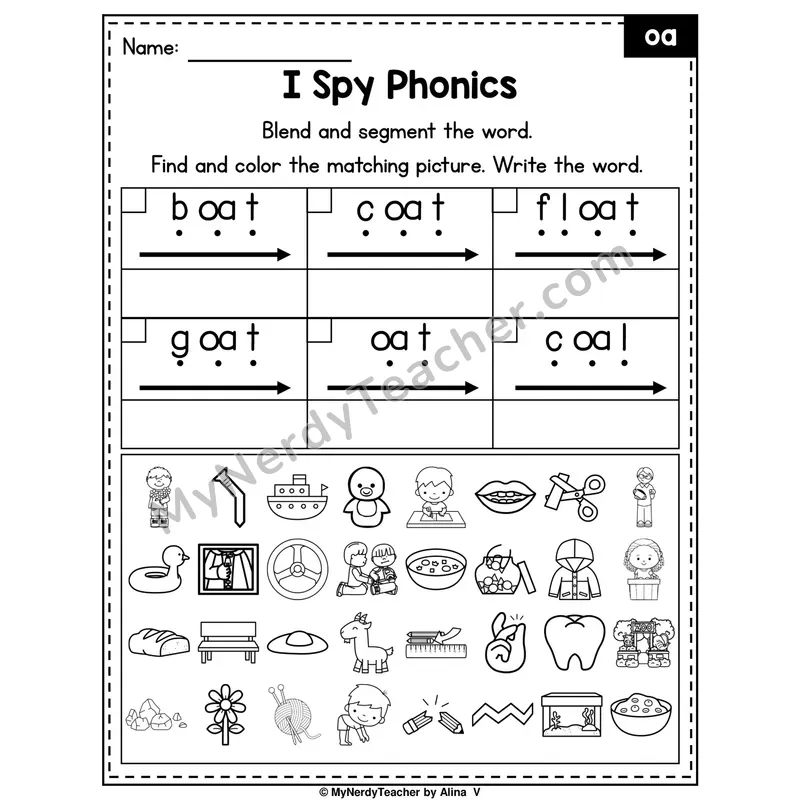 I Spy Phonics Worksheet — oa Vowel Team