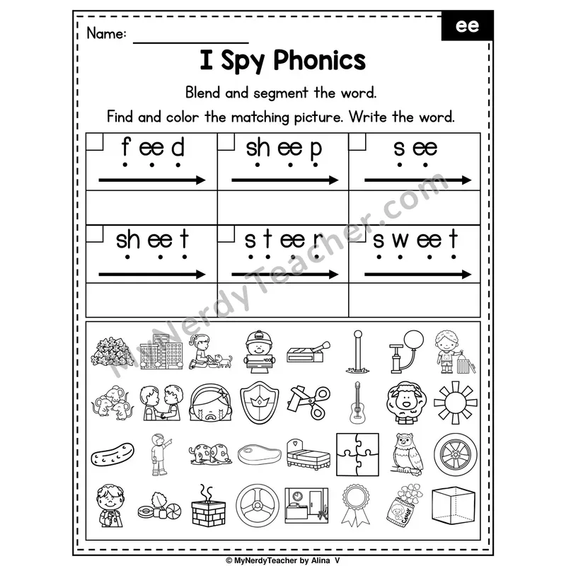 I Spy Phonics Worksheet — ee Vowel Team