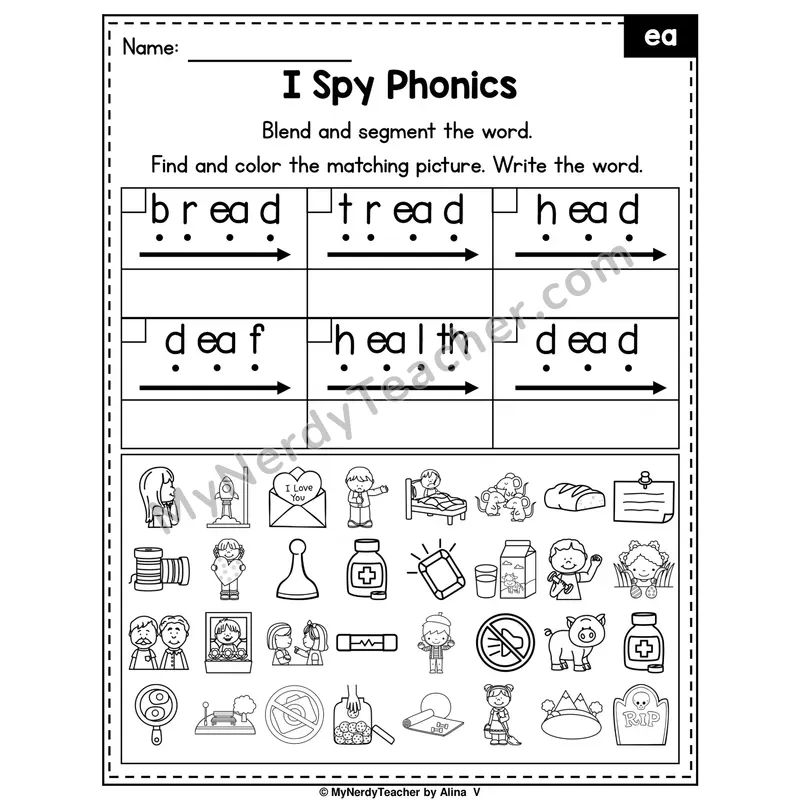 I Spy Phonics Worksheet — ea Vowel Team