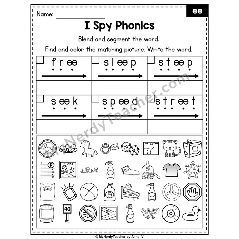 I Spy Phonics Worksheet — ee Vowel Team