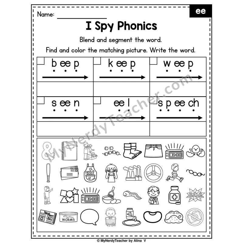 I Spy Phonics Worksheet — ee Vowel Team