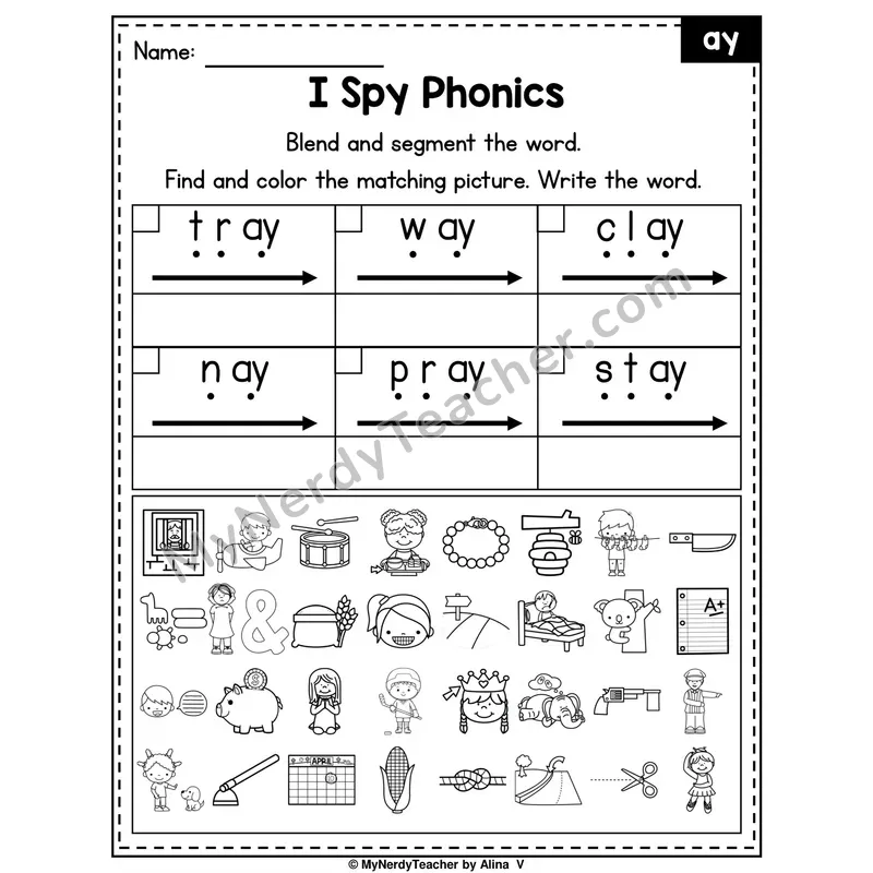 I Spy Phonics Worksheet — ay Vowel Team