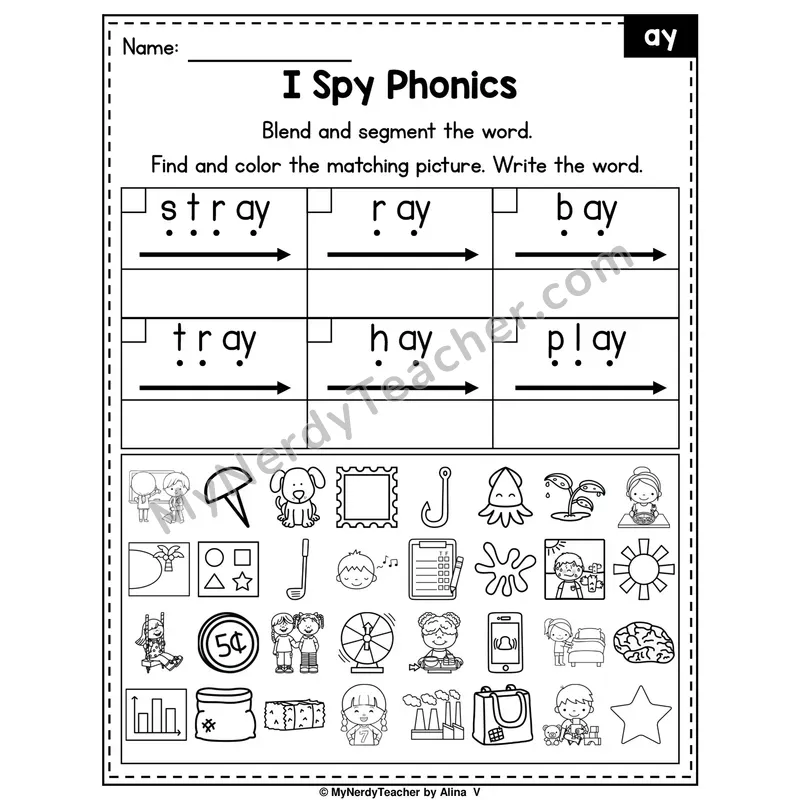 I Spy Phonics Worksheet — ay Vowel Team