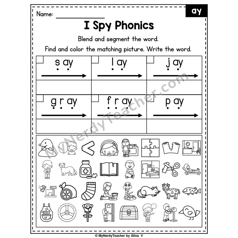 I Spy Phonics Worksheet — ay Vowel Team