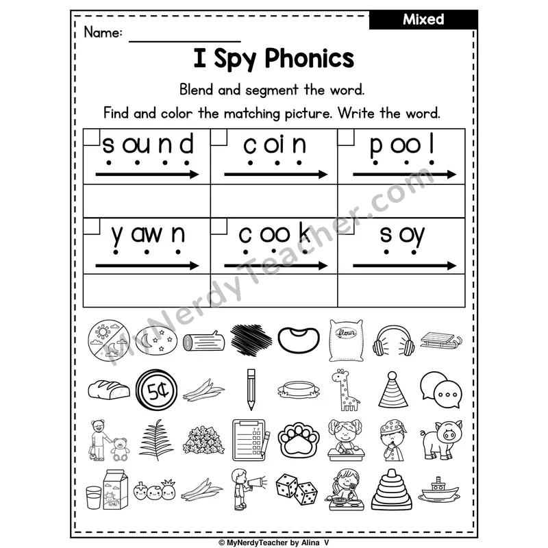 I Spy Phonics Worksheet — Mixed Diphthongs