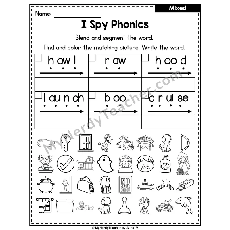 I Spy Phonics Worksheet — Mixed Diphthongs
