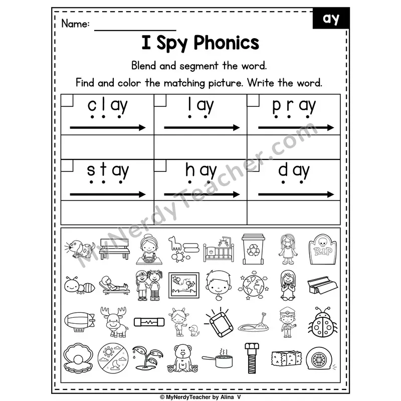I Spy Phonics Worksheet — ay Vowel Team