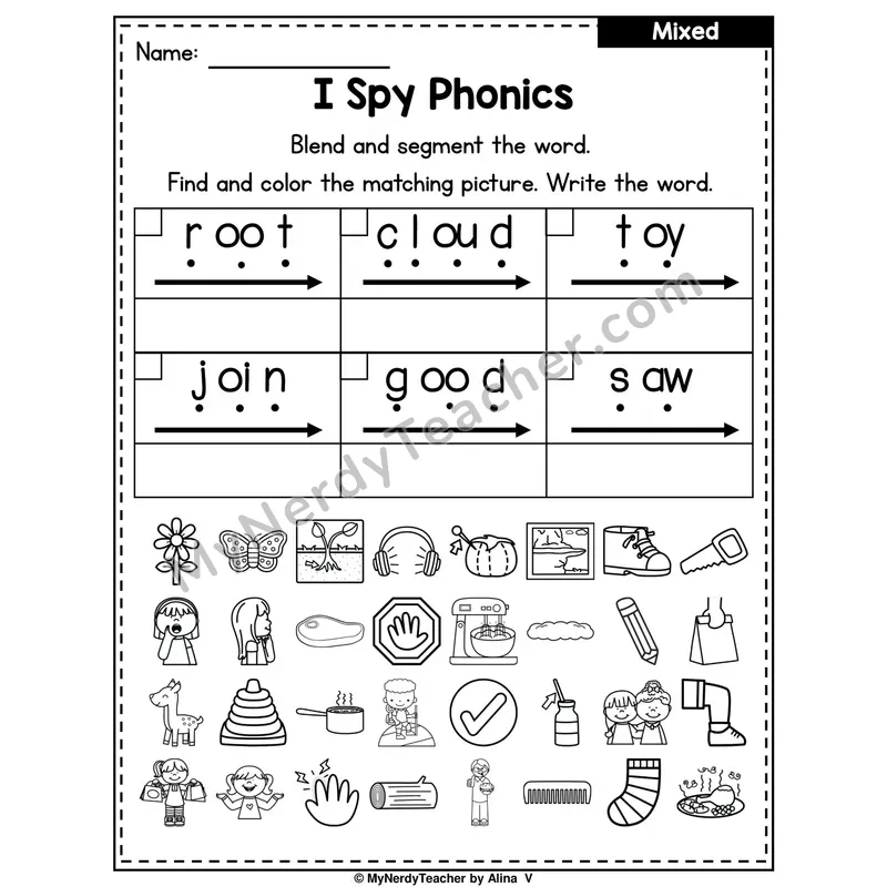 I Spy Phonics Worksheet — Mixed Diphthongs