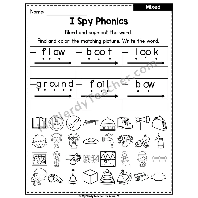 I Spy Phonics Worksheet — Mixed Diphthongs
