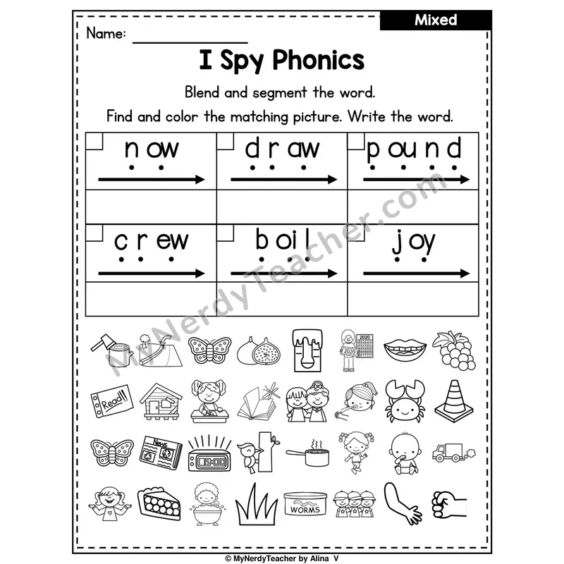 I Spy Phonics Worksheet — Mixed Diphthongs