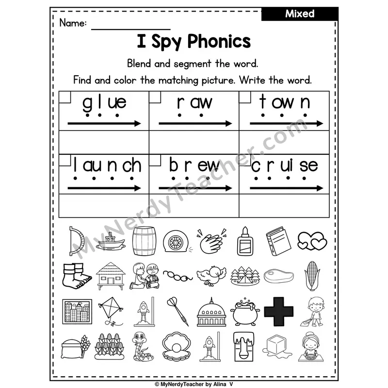 I Spy Phonics Worksheet — Mixed Diphthongs