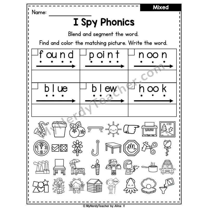 I Spy Phonics Worksheet — Mixed Diphthongs