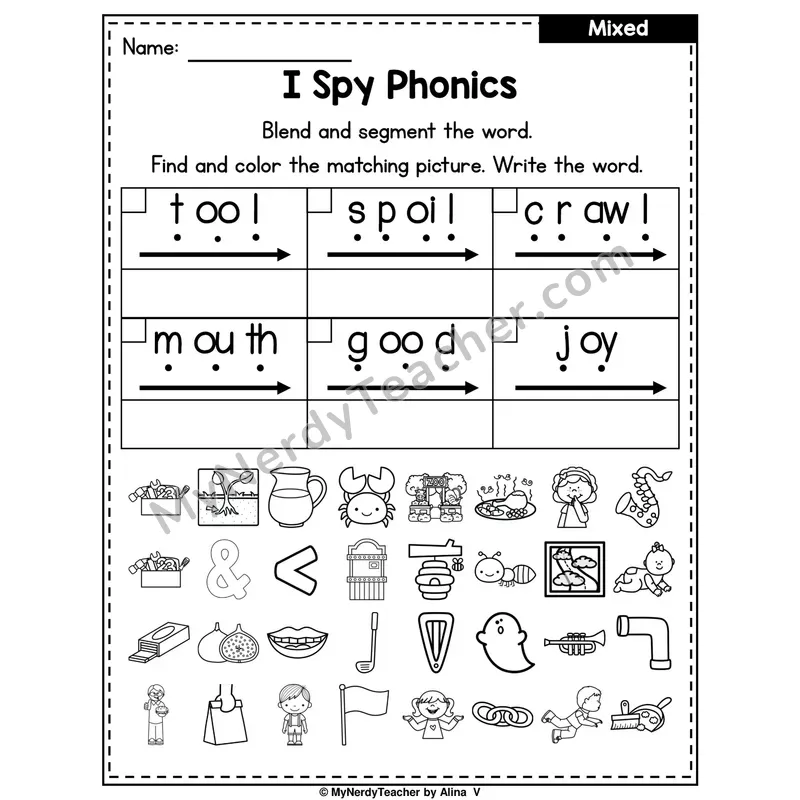 I Spy Phonics Worksheet — Mixed Diphthongs