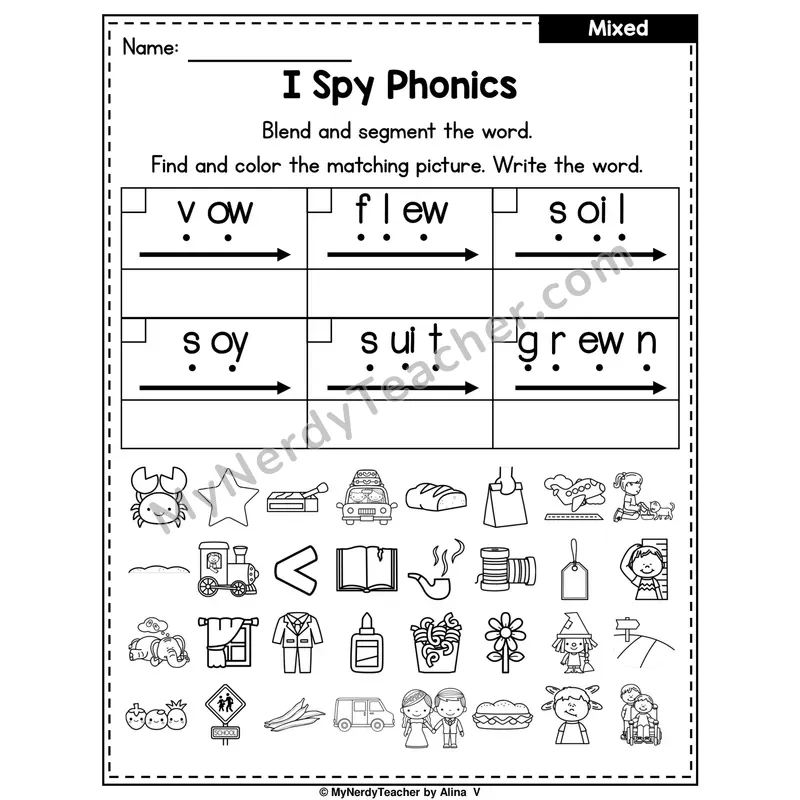 I Spy Phonics Worksheet — Mixed Diphthongs