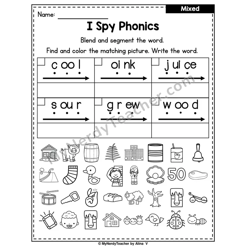 I Spy Phonics Worksheet — Mixed Diphthongs