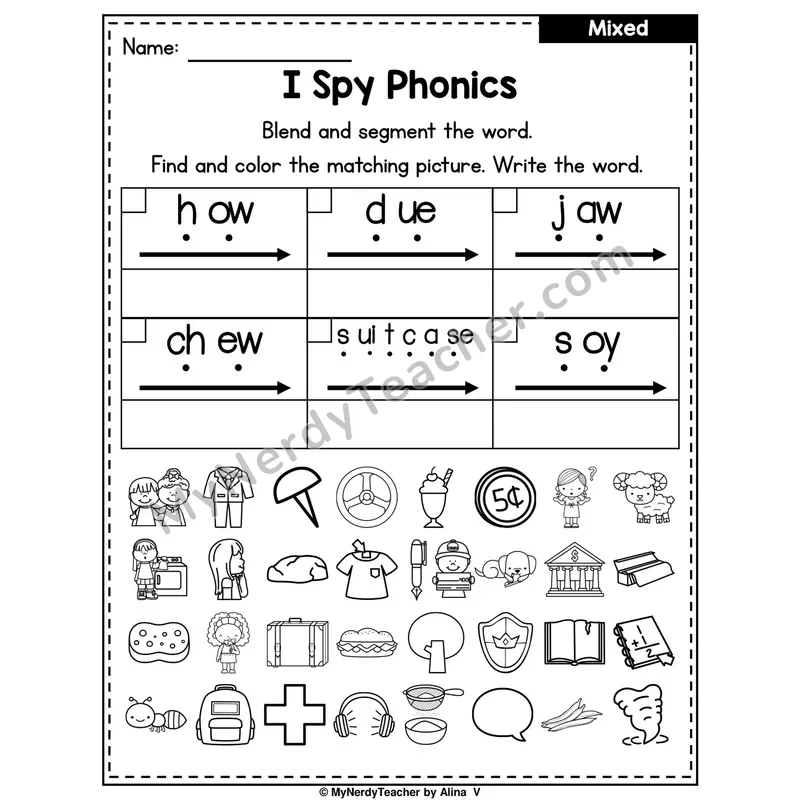 I Spy Phonics Worksheet — Mixed Diphthongs