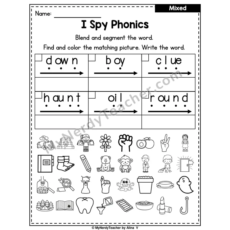 I Spy Phonics Worksheet — Mixed Diphthongs