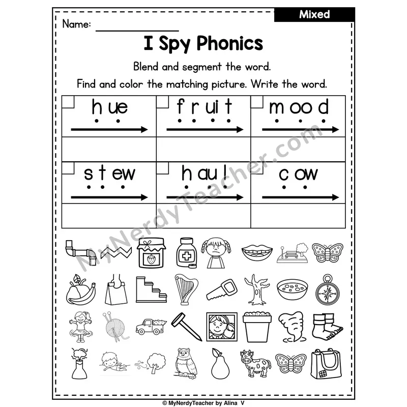 I Spy Phonics Worksheet — Mixed Diphthongs